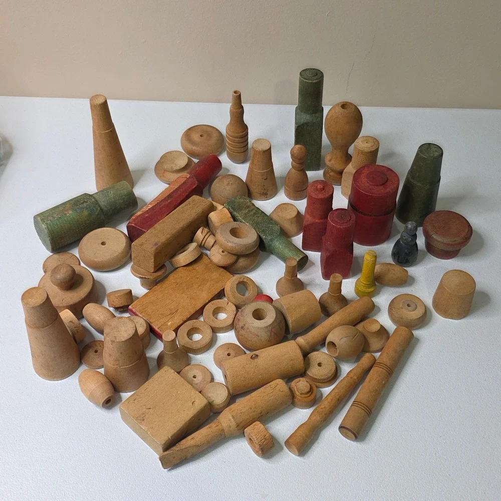 Vintage Wooden Blocks Kids Multi Color Turned Wood Loose Parts Lot